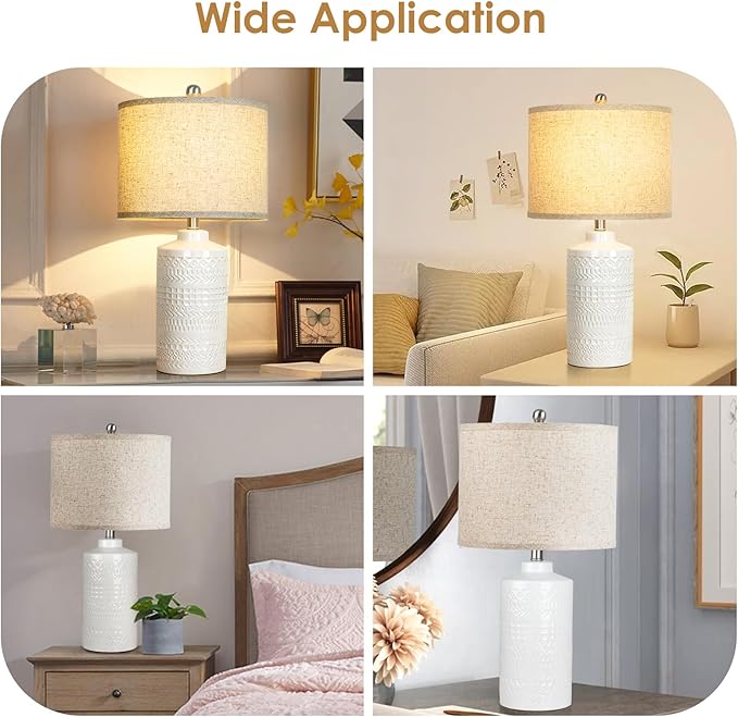 JUNNAI White Ceramic Table Lamp with Beige Shade: 3-Way Dimmable Night Stand Light Lamp 24.5" Modern Table Lamps for Living Room Bedroom End Table Office Entryway Lamps (Bulb Included