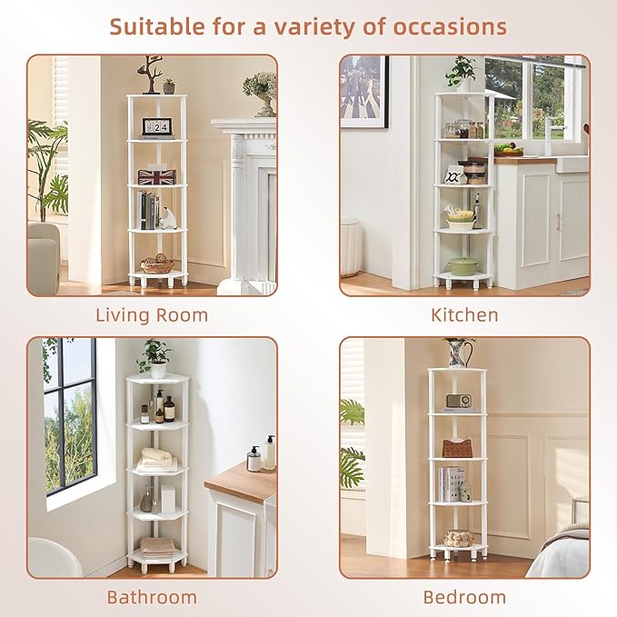 YUFAM 5-Tier Corner Shelf with Sturdy 5-Leg Base, Wooden Corner Bookshelf for Small Spaces, Corner Standing Shelf for Living Room, Bedroom, Office, White