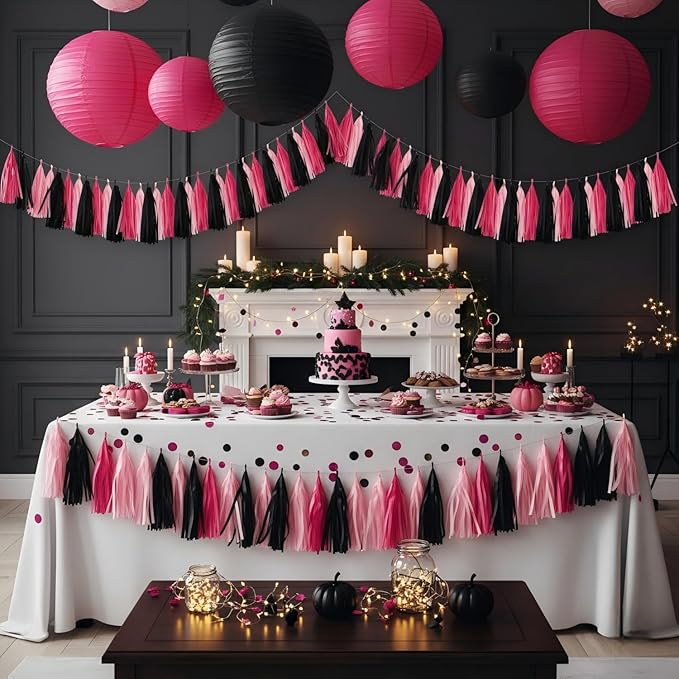 15Pcs Pink and Black Paper Tassel Garland,Tissue Tassel Banner for Party Decorations