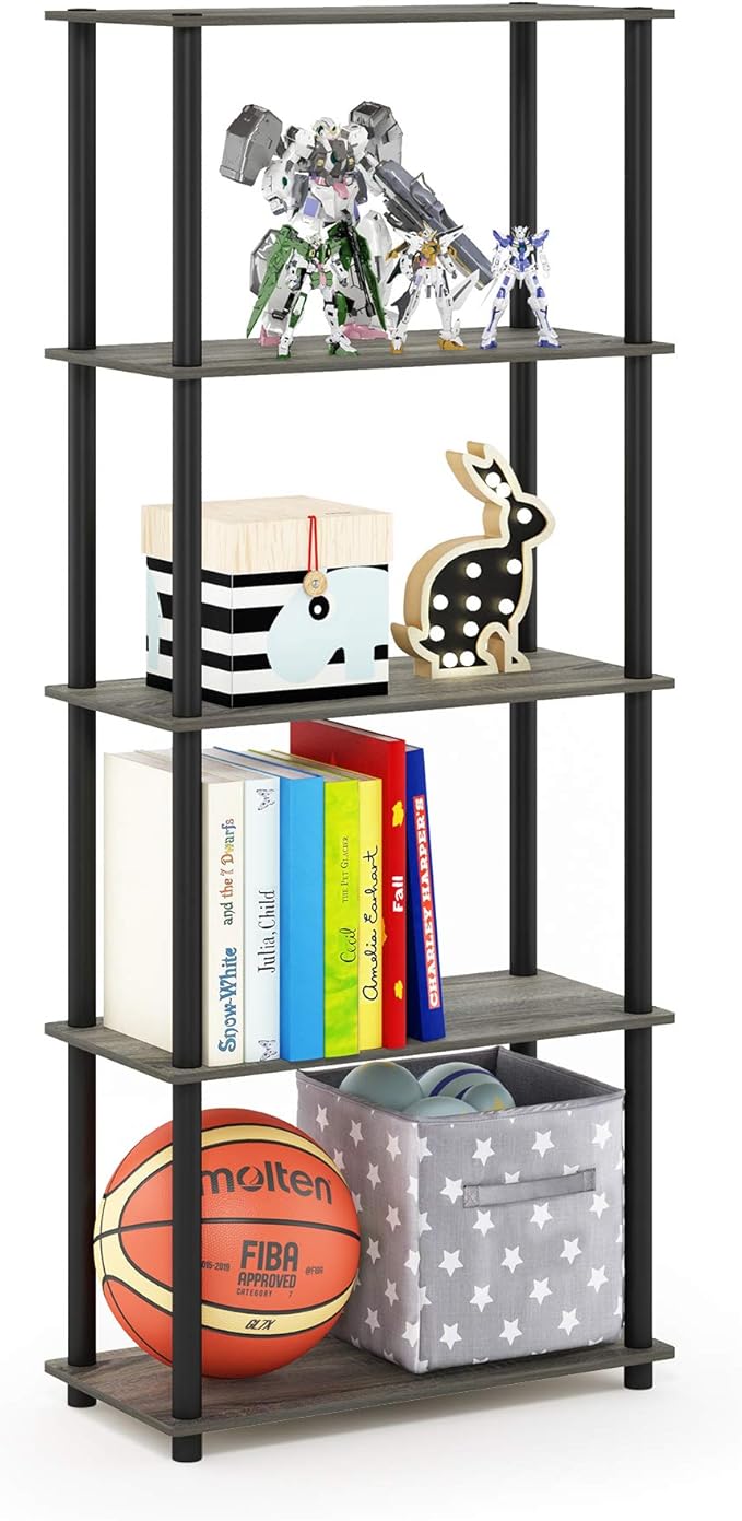 Furinno TURN-N-TUBE Storage Shelves, 5-Tier Book Shelf, Corner Shelf, Toolless Open Shelves, for Organization and Storage, Living Room, Garage, Home Office, French Oak