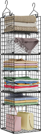 6-Tier Closet Hanging Organizer Shelves, Hanging Closet Organizer and Storage Bin with Adjustable Dividers, Metal & Foldable Closet Hanging Organizers and Storage for Clothes Sweaters Shoes Handbags