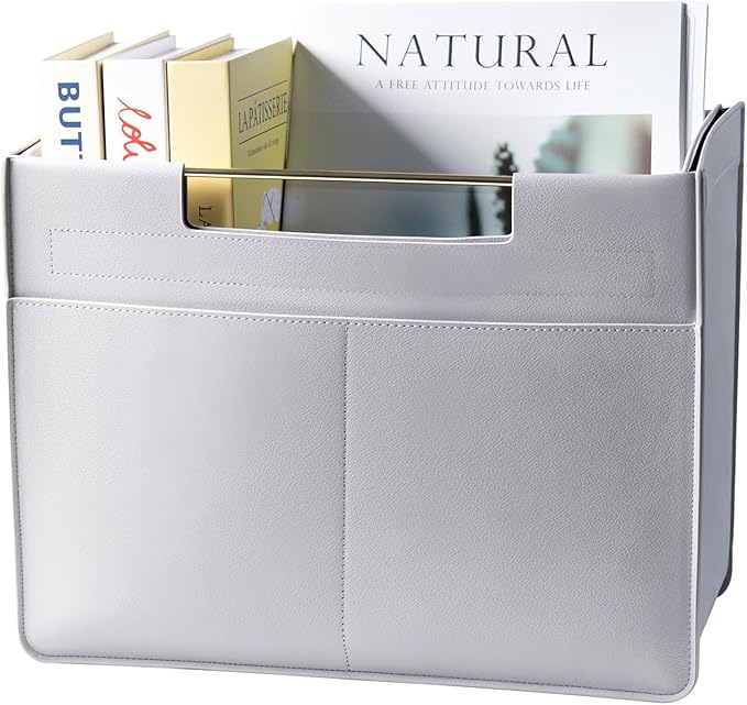 Leather Magazine Holder Foldable with Handles，Stable Magazine Rack Floor，Magazine Basket File Holder Storage，Document File Folder Organizer Free Standing for Office Living Room (grey)
