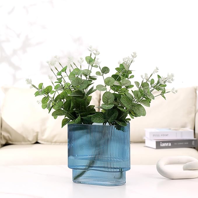 Ribbed Glass Vase, Blue Glass Vase, Fluted Short Vases for Flowers, Modern Vases for Living Room, Dining Room, Bathroom, Desk, Shelf, Wedding, Office, 7 Inches