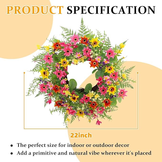 Spring Summer Wreaths for Front Door,22 Inch Artificial Spring Summer Daisy Wreath with Wildflowers,Eucalyptus Leaves for Indoor Outdoor Wall Porch Festival Farmhouse Home Holiday Decor.