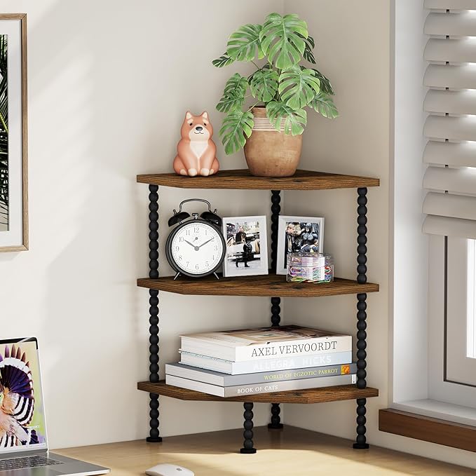 YINMIT Corner Shelf Stand, Standing Corner Display Shelf, Corner Organizer Shelf for Living Room, Bedroom, Bathroom, Kitchen, Small Spaces (Rustic Brown, 3 Tier)