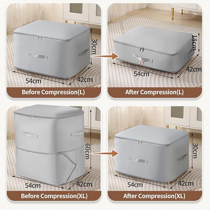 Ultra Space Saving Self Compression Organizer, Upgraded Space Saving Self Compression Organizer Space Bags, Premium Comforter Packaging Cube Bedding Storage Bag (Light Grey, Large 54×42×30cm)