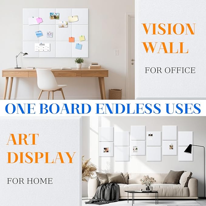 DOLLAR BOSS Large Cork Board for Wall 48" x 36" x 0.5" Bulletin Board 12 Packs Corkboard Tiles Self Adhesive Felt Wall Tiles for Office Home School, White