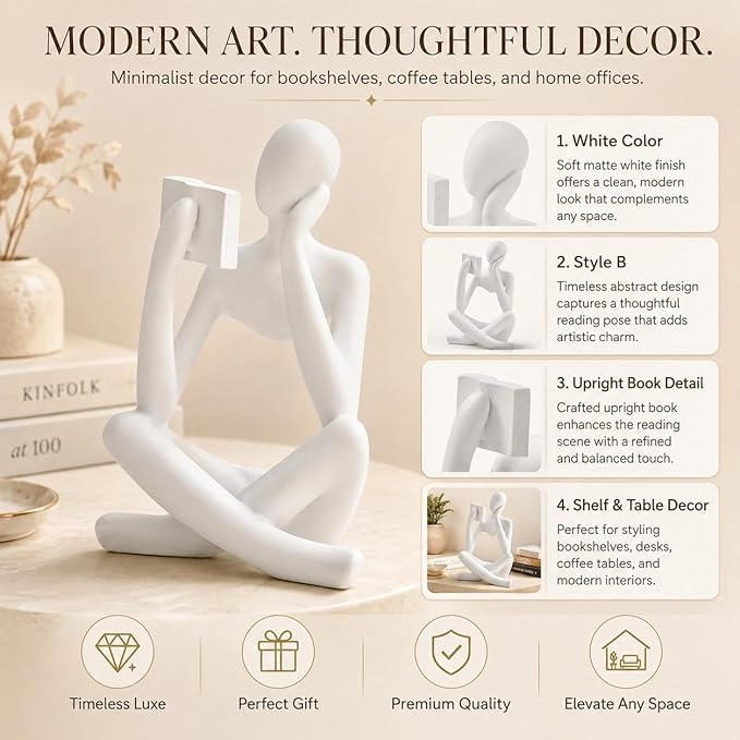 White Bookshelf Decor Thinker Statue, Abstract Reading Figurine Style B, Resin Decorative Bookend for Coffee Table, Shelf, Home Office, Library