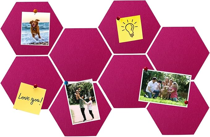 8 Pcs Hexagon Felt Cork Bulletin Board Tiles, Self Adhesive DIY Bulletin Board Pin Board for Office School Home Wall Decor Memos Photos Display(Rose Red)