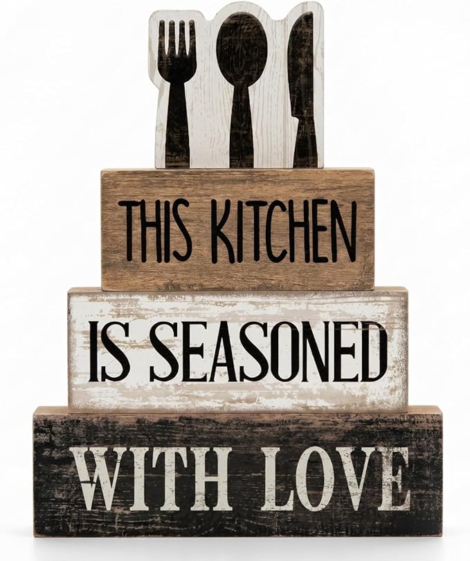 Moucuny 4 Pcs Summer Kitchen Decor Summer Table Decorations Spoon Fork Knife Wooden Stacked Block Decor Rustic Farmhouse Centerpiece Signs "this Kitchen Is Seasoned with Love" for Dining Room