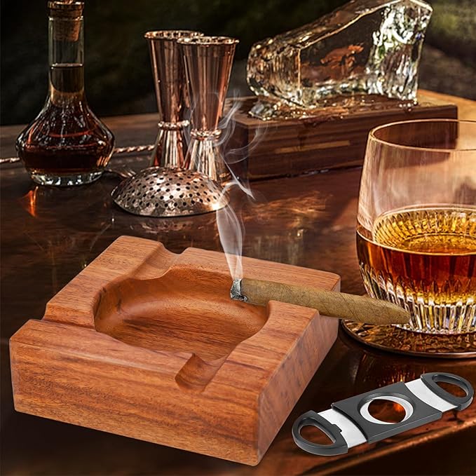 Premium Wooden Cigar Ashtray with Cigar Cutter, Large Cigarette Ash Tray Set with 4 Slot Holder, Accessories Outdoor Indoor Home Bar Use, Ideal Gift Christmas Father's day for Men