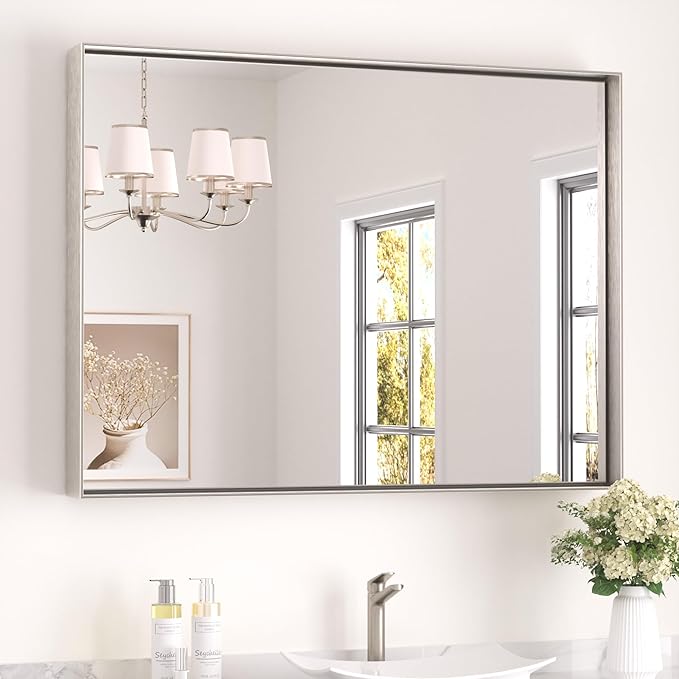 Keonjinn Brushed Nickel Bathroom Mirror 40 x 30 in Rectangle Frame Mirror for Over Sink, Rectangular Metal Framed Vanity Mirror Square Corner Aluminum Alloy Modern Silver Mirror(Horizontal/Vertical)