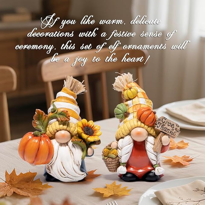 Hodao Fall Gnome Figurines – Pumpkin Gnomes with Checkered Hats, Sunflower, Corn Basket and Give Thanks Sign – Thanksgiving/Harvest Home Decor & Gift for Tiered Tray, Mantel, Tabletop, Windowsill