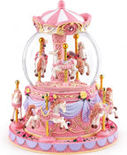 Remote Control Carousel Snow Globe Music Box, Pink Merry Go Round Horse Music Box with Lights, Plays 64 Tunes, Romantic Birthday Christmas for Daughter Wife Mom Granddaughter