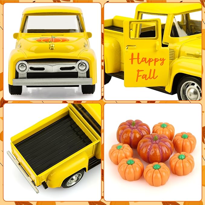 Fall Pumpkin Truck Decor Vintage Metal Truck with Pumpkins Ornament Cute Autumn Harvest Farmhouse Tabletop Tiered Tray Decoration for Thanksgiving Party Home Kitchen Office Tiered Tray Supplies