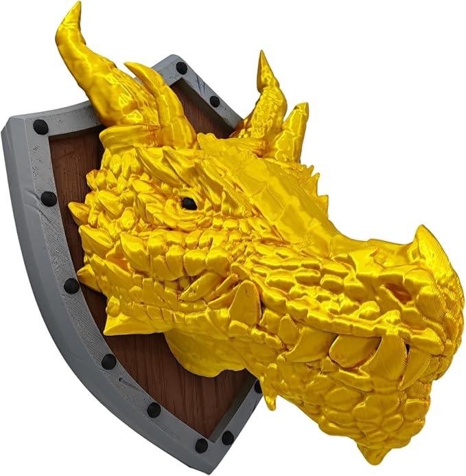 Dragon Head Trophy wall decoration - DND Decor - Ready for Painting - 3D Printed Fantasy Art - Gift for Gamers (Shiny Gold with Grey Shield)
