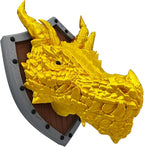Dragon Head Trophy wall decoration - DND Decor - Ready for Painting - 3D Printed Fantasy Art - Gift for Gamers (Shiny Gold with Grey Shield)