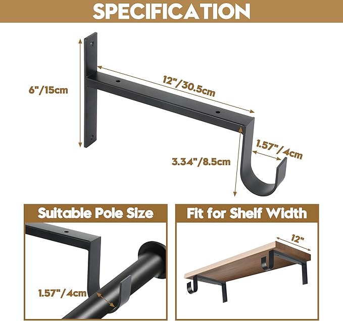 AddGrace Heavy Duty Closet Rod and Shelf Brackets 12 Inch Wall Mounted Closet Rod Bracket with Pole Holder Shelving Support with Screws for Laundry (2 Pack)