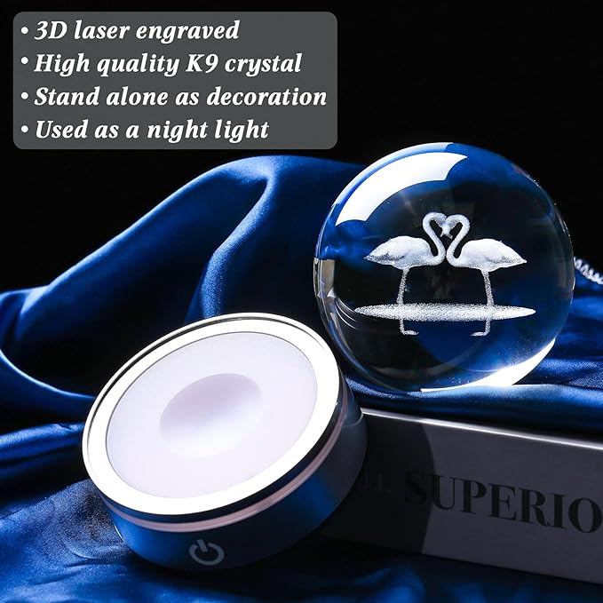 Movdyka Flamingo Gifts for Women Men 3D Crystal Ball with Colorful Light Base, Laser Engraved Flamingo Decor Glasses Snow Globe Crafts Gifts for Her Wife on Valentine's Day Birthday- 3.15"/8CM