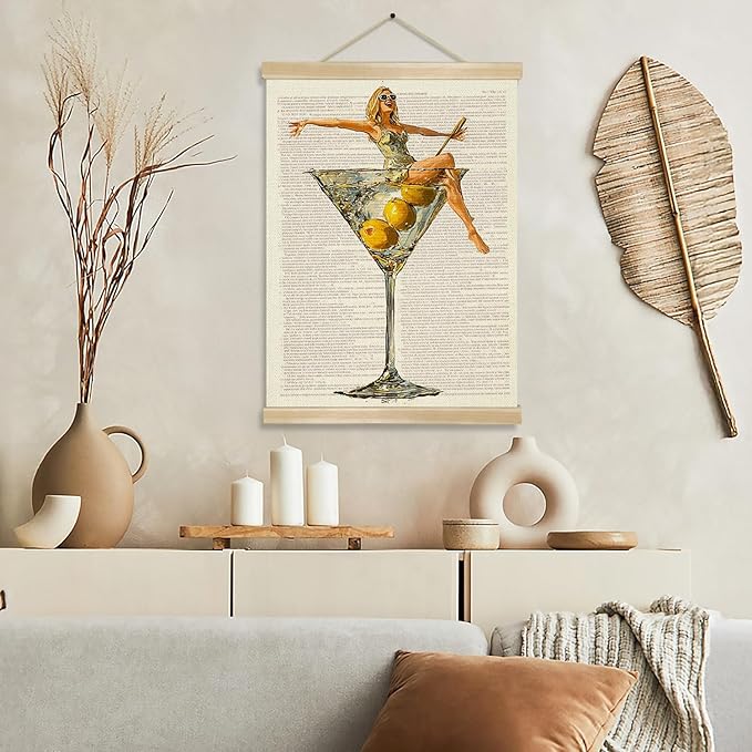 Martini Girl Wall Art, Vintage Glam Cocktail Poster, Retro Fashion Woman in Martini Glass Canvas Print, Chic Bar Lounge Wall Decor for Dining Room Kitchen or Home Office,Holiday Gift for Women 14x18.5 Inch (Begei-Woman01)