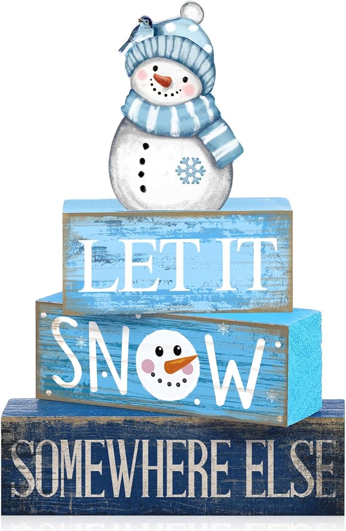 Lineshading 4 Pcs Snowman Christmas Table Decorations Blue and White Wooden Snowman Stacked Block Sign Gifts Winter Tiered Tray Decor Rustic Winter Centerpiece for Wonderland Party Home Kitchen