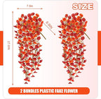 Fake Fall Hanging Flowers Artificial for Outdoor Decoration, 2 PCS Autumn Silk Faux Flowers Morning Glory with Eucalyptus Leaves, Realistic Hanging Plants for Wedding Home Office Garden Decor, Mix