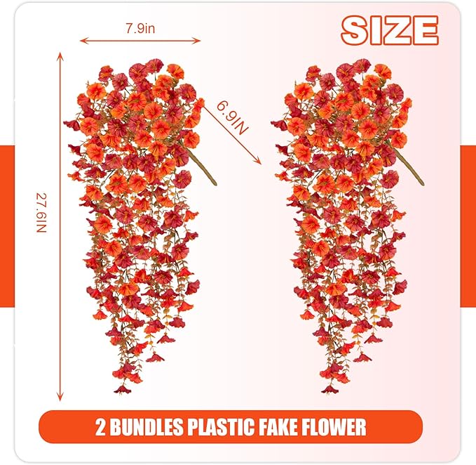 Fake Fall Hanging Flowers Artificial for Outdoor Decoration, 2 PCS Autumn Silk Faux Flowers Morning Glory with Eucalyptus Leaves, Realistic Hanging Plants for Wedding Home Office Garden Decor, Mix