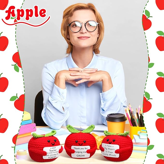 Wavwavw 3 Pack Teacher Appreciation Gift Positive Flower Handmade Crochet Doll Thank You for Helping Me Grow Gifts Back to School Gifts for Women Teacher(Apple)