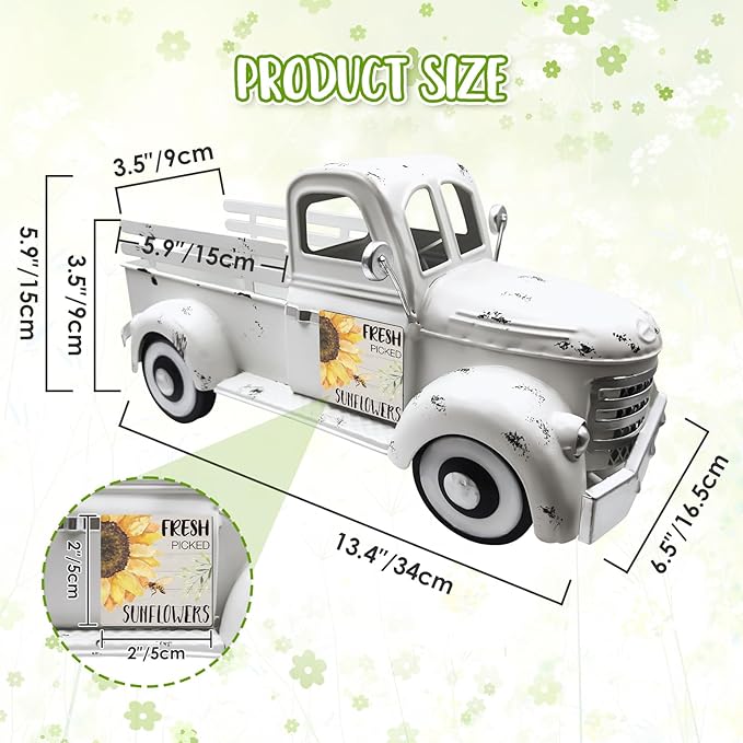Sunflower Decor 13.4 Inch Vintage White Farmhouse Truck with 20 Magnets Sunflower Decorations for Home Kitchen Shelf Office Metal Pickup Interchangeable Seasonal Decor Garden Truck Planter