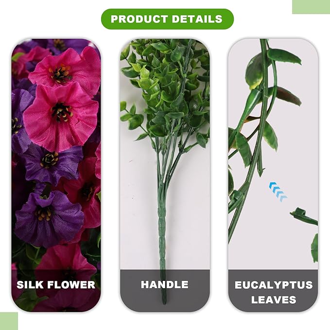 12 Bundles Morning Glory Artificial Flowers for Outdoor Decoration UV Resistant Fake Plastic Plants Artificial Greenery for Indoor Outdoor Garden Patio Window Box Home Decor