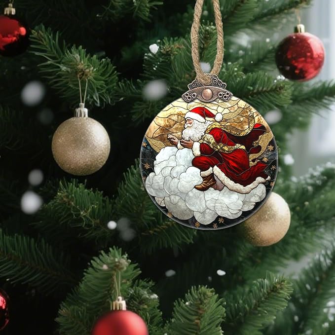 DASTOLL Stained Glass Christmas Decorations, Santa Claus Riding A Cloud Suncatcher for Window Christmas Tree Hanging Ornaments Gold Star Sun Catcher Xmas Decor Gifts for Women Men Mom Nana Friend