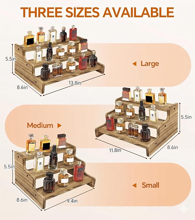 Wooden Cologne Organizer for Men, Perfume Organizer Stand, Cologne Stand with Anti-Slip Washers, Wooden Display Risers Stand for Dessert, Cupcake, Charcoal-Grilled, 3-tier-13.8in