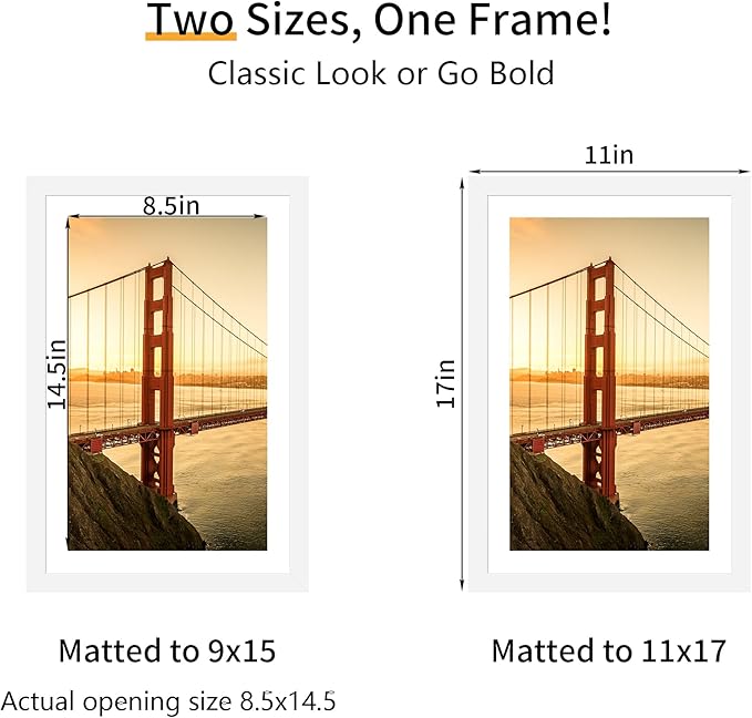 11x17 Picture Frame 3 Pack - White Poster Frame Display Pictures 9x15 with Mat or 11 x 17 Without Mat for Wall Hanging Horizontal and Vertical