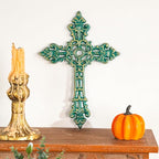 Sungmor 4PC Heavy & Sturdy Embossed Cast Iron Cross Decor for Wall, Beautiful Vintage Decorative Hanging Crosses Wall Decor, Distressed White & Green Religious Wall Sculptures Metal Wall Arts Crosses