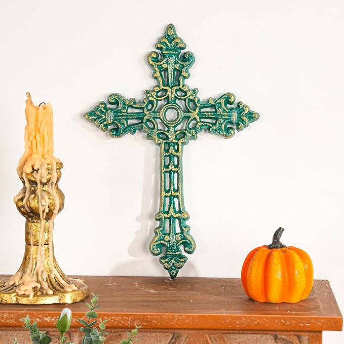 Sungmor 4PC Heavy & Sturdy Embossed Cast Iron Cross Decor for Wall, Beautiful Vintage Decorative Hanging Crosses Wall Decor, Distressed White & Green Religious Wall Sculptures Metal Wall Arts Crosses