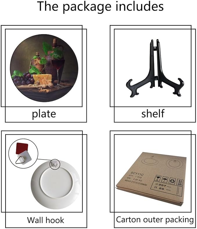 Wine Decorative Plates, 8 Inch, Cheese and Walnut Wine Round Display Plate, Table Top Plate Decor with Stand, for Display Living Room Kitchen Closet Table Decor