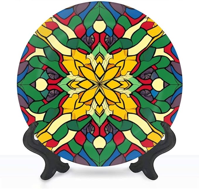 Decorative Plates for Display 10" Colorful Stained Glass Floral Mandala Ceramic Ornament with Display Stand and Hook Up for Wall Decor Hanging Festival Wedding Gift