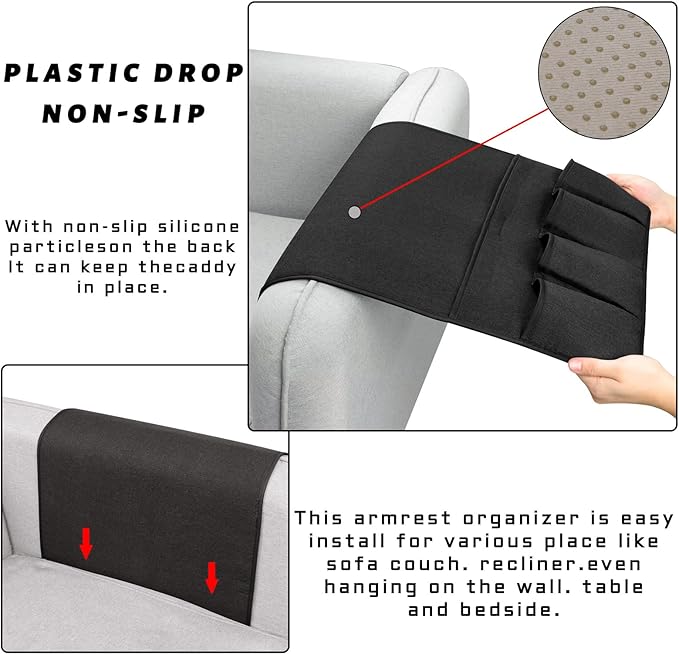 NB Sofa Armrest Organize Remote Holder Bedside Caddy Organizer With 5 Pockets，Non-Slip Couch Remote Control Holder Couch Armchair Caddy Accessories (Black, 35''X18'')