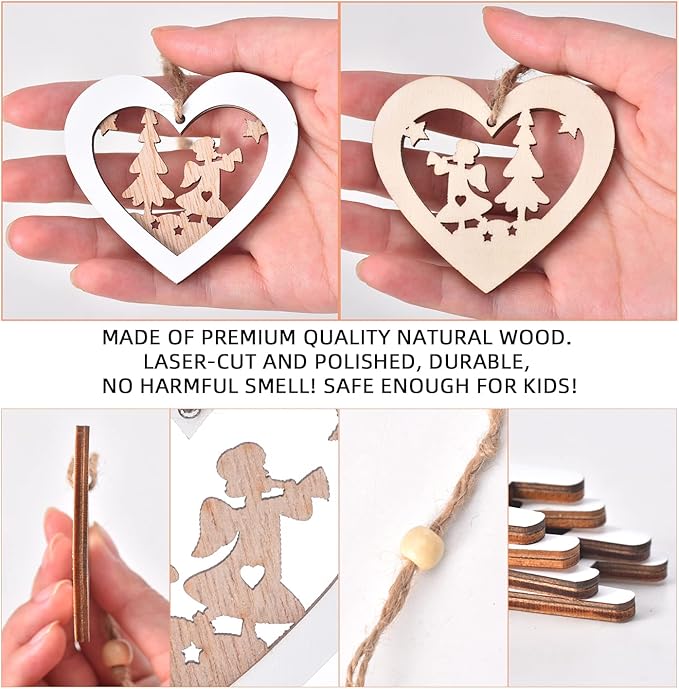 IDATOO Christmas Tree Ornaments Set of 24 Wooden Craved Hanging Craft Decorations for Winter Wonderland, 3D Rustic Farmhouse Christmas Ornaments Holiday Decor for Christmas Tree Home Office (White)