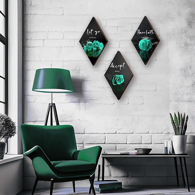 3 Pcs Teal Wall Decor Teal Rose Bathroom Decor Farmhouse Turquoise Bathroom Inspirational Wood Office Wall Art with Accept Let Go Have Faith Sign for Girl Women Living Room Bedroom(12x7 Inch)