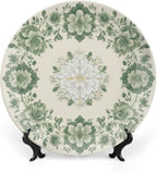 Flowers Theme Decorative Ceramic Plate Round Porcelain Plate,8 inch,Botanical Watercolor Pattern,for Decorative Ornaments Giving Plates,1 Plate with 1 Display Stand,Green White