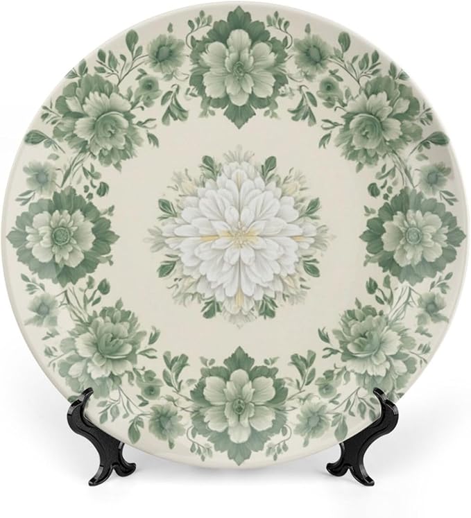 Flowers Theme Decorative Ceramic Plate Round Porcelain Plate,6 inch,Botanical Watercolor Pattern,for Decorative Ornaments Giving Plates,1 Plate with 1 Display Stand,Green White