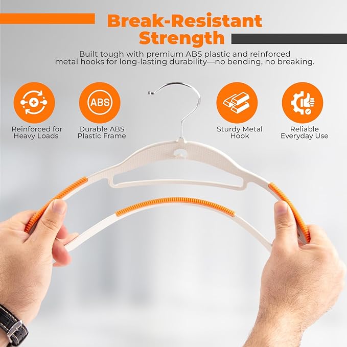 Lightweight White Plastic Hangers 10 Pack with Cascading Hook, Space Saving Thin, Closet Organizer, Orange Anti-Slip Pads, 360° Swivel, Tie Holder