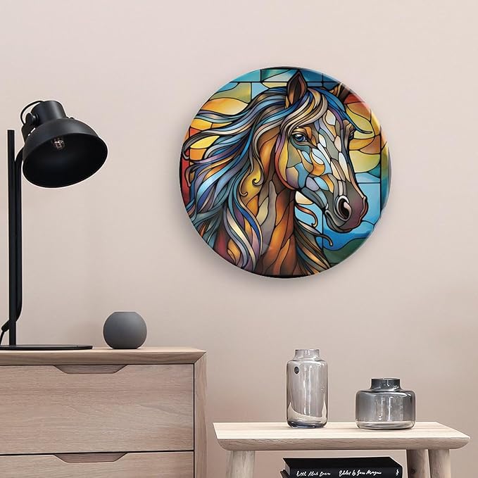 Decorative Plates for Wall Hanging, Horse Abstract Stained Glass Painting Ceramic Plate w/Display Stand, Home Decor for Kitchen Cabinets, Farmhouse Round Tray 10 Inch, Gift for Horse Lover