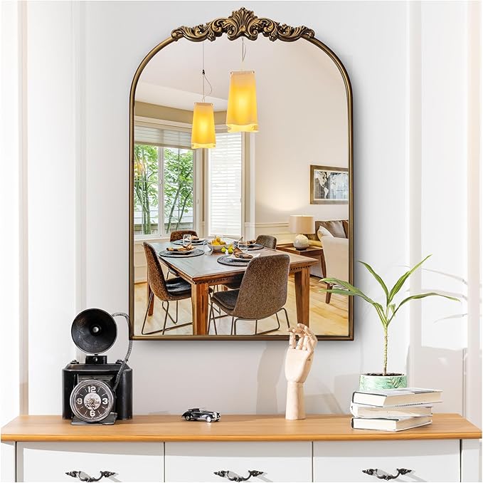 Vintage Baroque Gold Arched Mirror 24" x 36", Ornate Antique Wall Mirror with Metal Frame, Elegant Decorative for Entryway, Living Room, Bedroom, Hallway, or Bathroom Décor