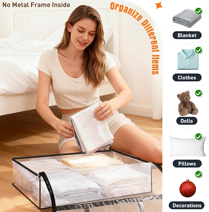 Clear Under Bed Storage Containers - 8 Pack Large Capacity Clothes Storage Bags with Lid & Sturdy Handles, Foldable Moving Bags, Clothing Organizer Totes for Bedding, Comforter, Sheet（60 L）