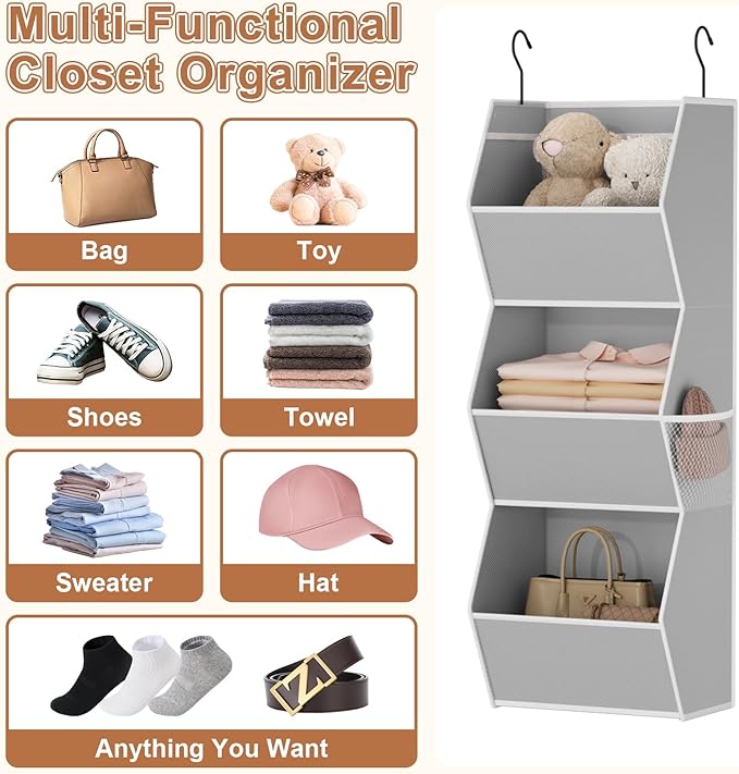 Hanging Closet Organizer 3 Shelf Collapsible Bedroom Closet Organizers and Storage Hanging with Mesh Pockets for Clothes, Fabric Hanging Storage Bins for Wardrobe Closet Organization and Storage, Grey