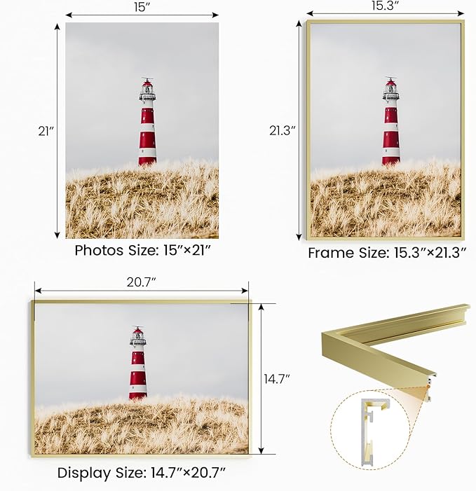 15x21 Aluminum Metal Picture Frame,Tempered Glass Gold Photo Frame 15x21 for Family Photo,Posters,Art,Document to Wall Mount Horizontally or Vertically