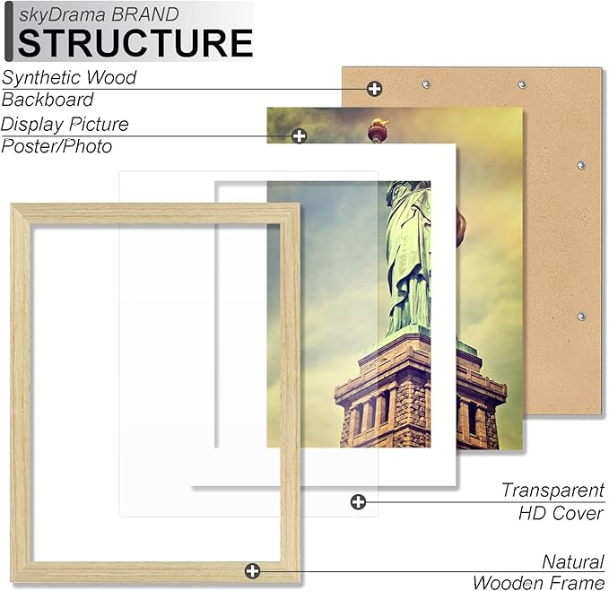 100% Solid Wood 12x16 Picture FrameS et of 5, Natural Oak Frame Display Photo 8.5x11 with Mat or 12 x 16 without Mat, 12 by 16 Frame Natural Wood Finish for Wall - 5 Pack/Natural/12 x16