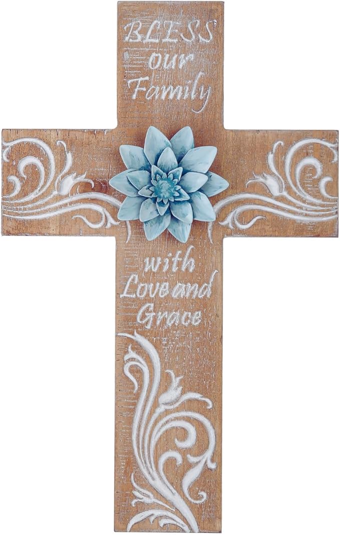 TRENDIN Rustic Cross Decor for Wall, Wooden Decorative Wall Cross with Metal Flowers, Bless Our Family Christian Home Decor, Farmhouse Hanging Art for Living Room, Entryway, Bedroom